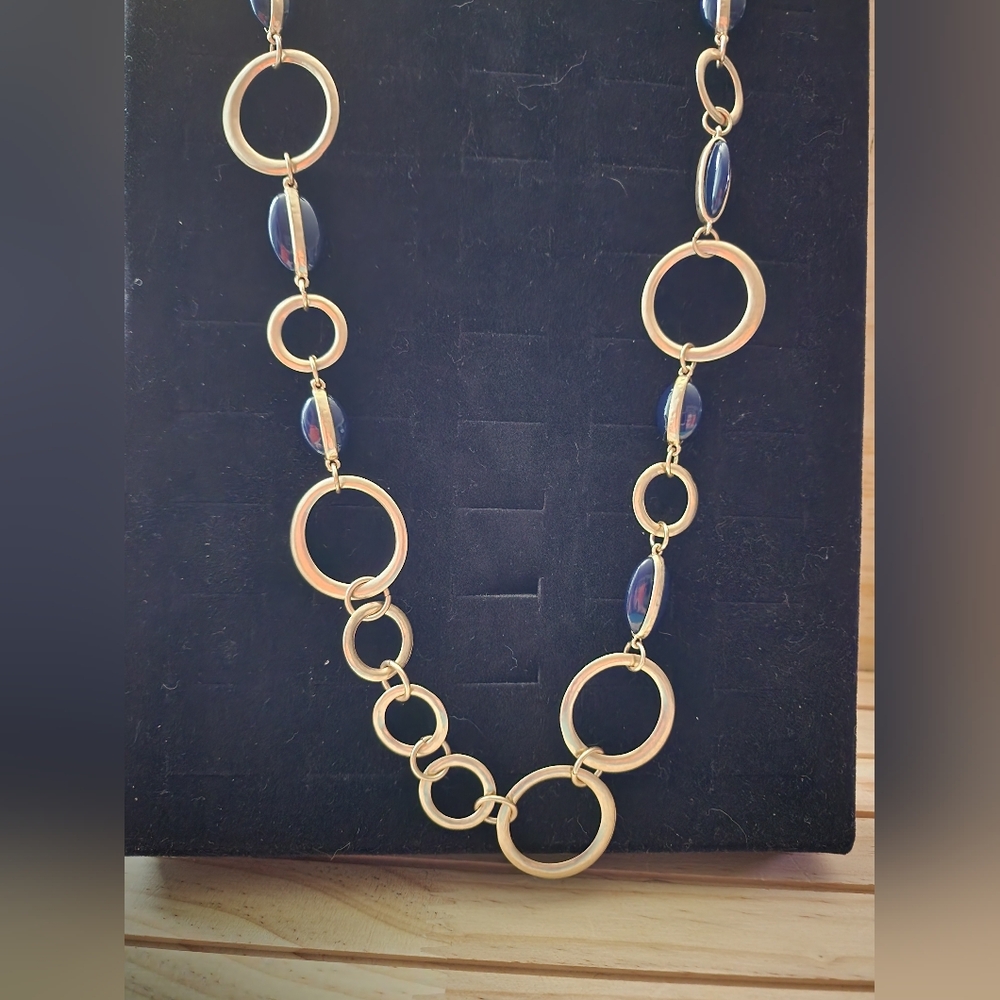 Chico’s Goldtone & Navy Resin Link Statement Necklace – Adjustable 32" EUC